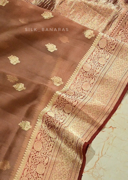 Handwoven Brown Banarasi Organza Silk Saree
