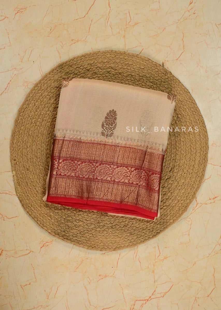 Handwoven Pure Organza Silk Saree in Off White with Red Shade