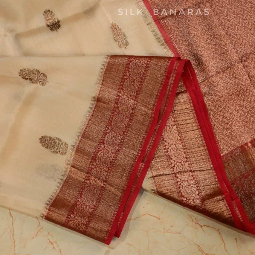Handwoven Pure Organza Silk Saree in Off White with Red Shade