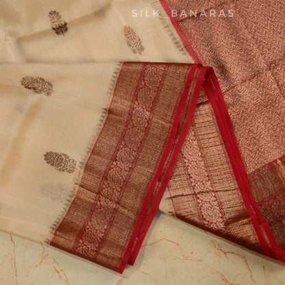 Handwoven Pure Organza Silk Saree in Off White with Red Shade
