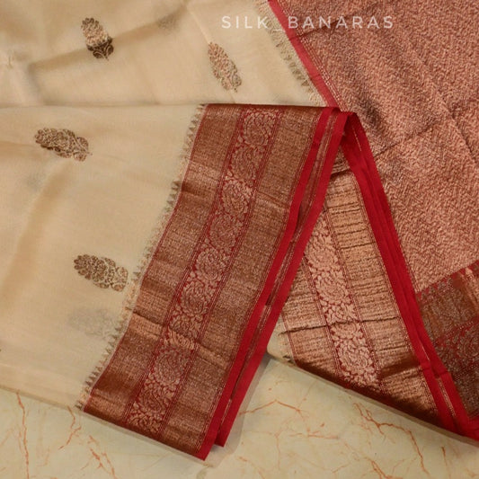 Handwoven Pure Organza Silk Saree in Off White with Red Shade