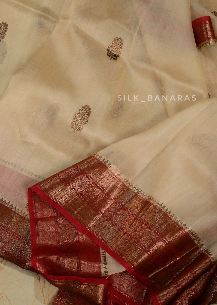 Handwoven Pure Organza Silk Saree in Off White with Red Shade