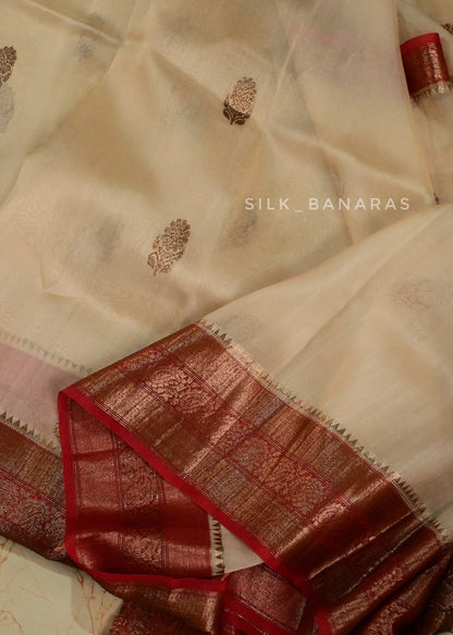 Handwoven Pure Organza Silk Saree in Off White with Red Shade