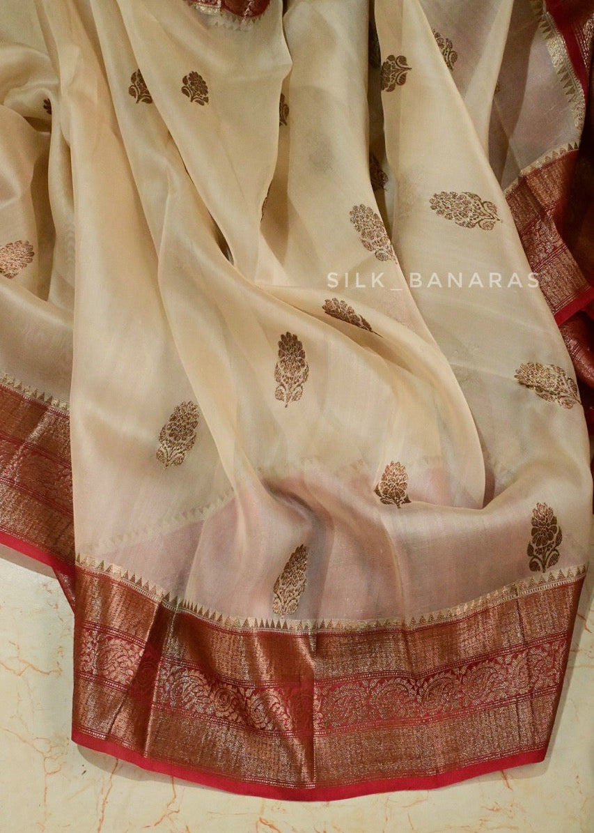 Handwoven Pure Organza Silk Saree in Off White with Red Shade