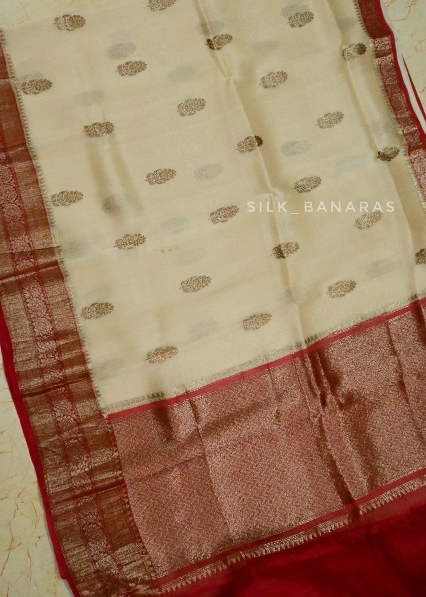 Handwoven Pure Organza Silk Saree in Off White with Red Shade