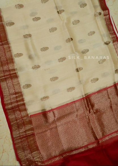 Handwoven Pure Organza Silk Saree in Off White with Red Shade