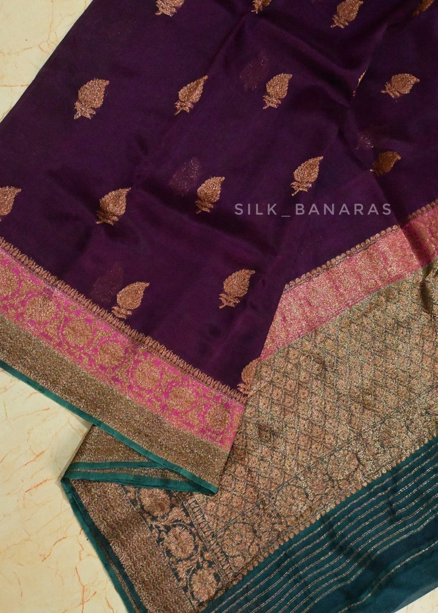 Handloom Organza Purple Triple Shade Saree