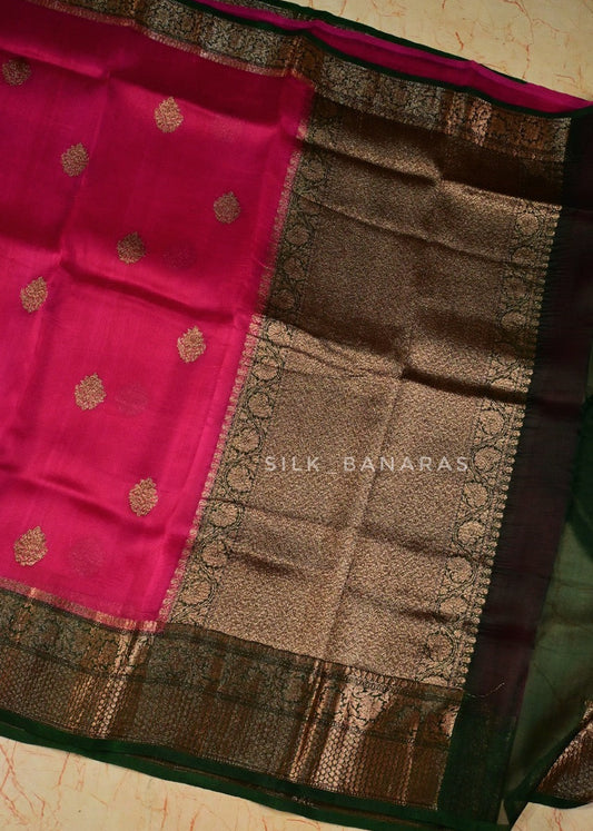 Handloom Pure Organza Silk Saree in Pink and Bottle Green Shade