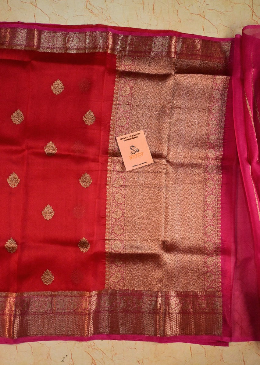 Handloom Pure Organza Silk Saree in Red with Pink Shade
