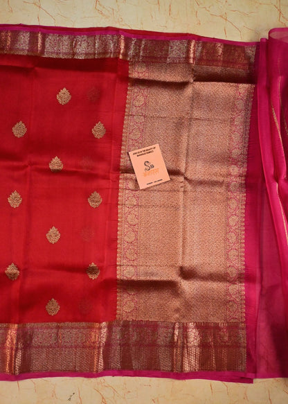 Handloom Pure Organza Silk Saree in Red with Pink Shade