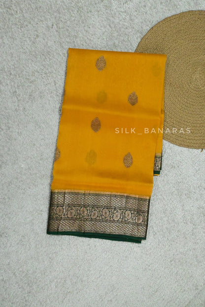 Handloom Pure kora Silk Saree in mustard Yellow with Bottle Green Shade