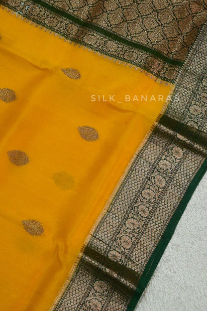Handloom Pure kora Silk Saree in mustard Yellow with Bottle Green Shade