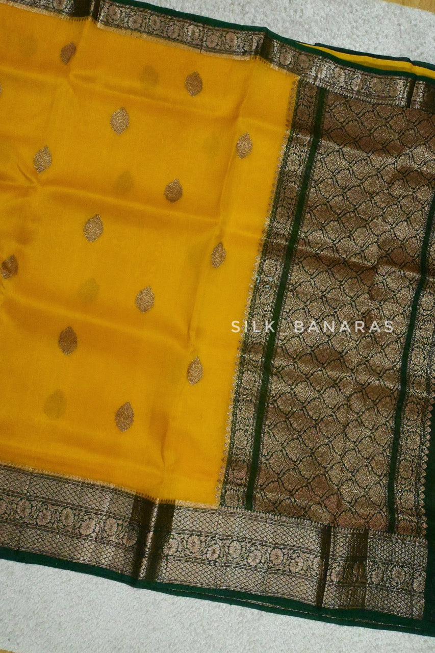 Handloom Pure kora Silk Saree in mustard Yellow with Bottle Green Shade