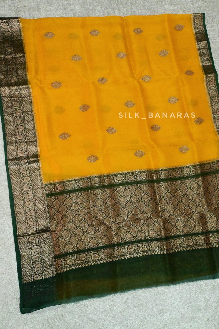 Handloom Pure kora Silk Saree in mustard Yellow with Bottle Green Shade