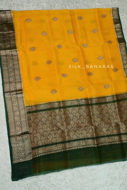Handloom Pure kora Silk Saree in mustard Yellow with Bottle Green Shade