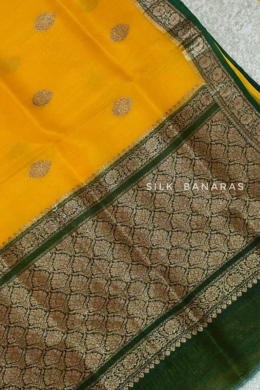 Handloom Pure kora Silk Saree in mustard Yellow with Bottle Green Shade