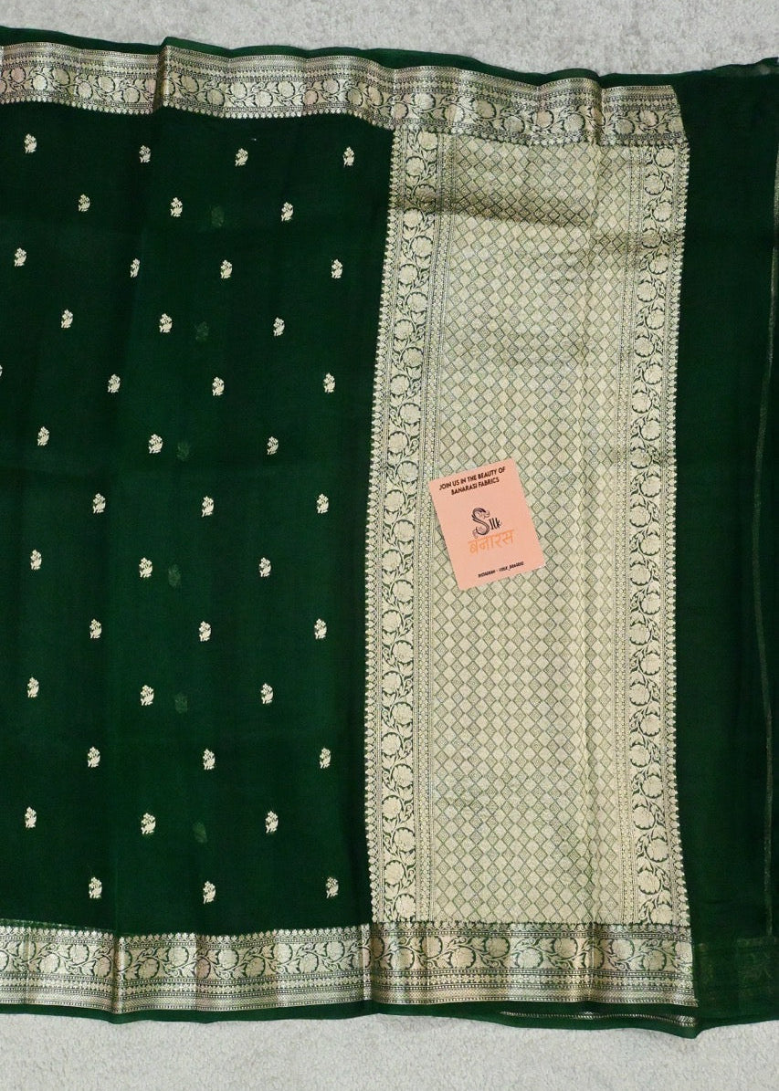 Handloom Pure Organza Silk in Bottle Green