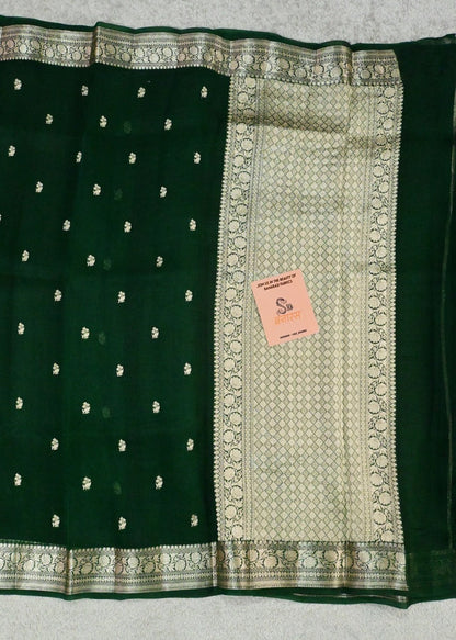Handloom Pure Organza Silk in Bottle Green