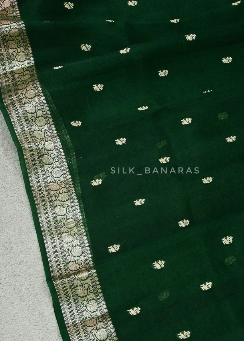 Handloom Pure Organza Silk in Bottle Green