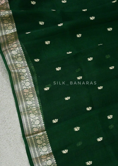 Handloom Pure Organza Silk in Bottle Green