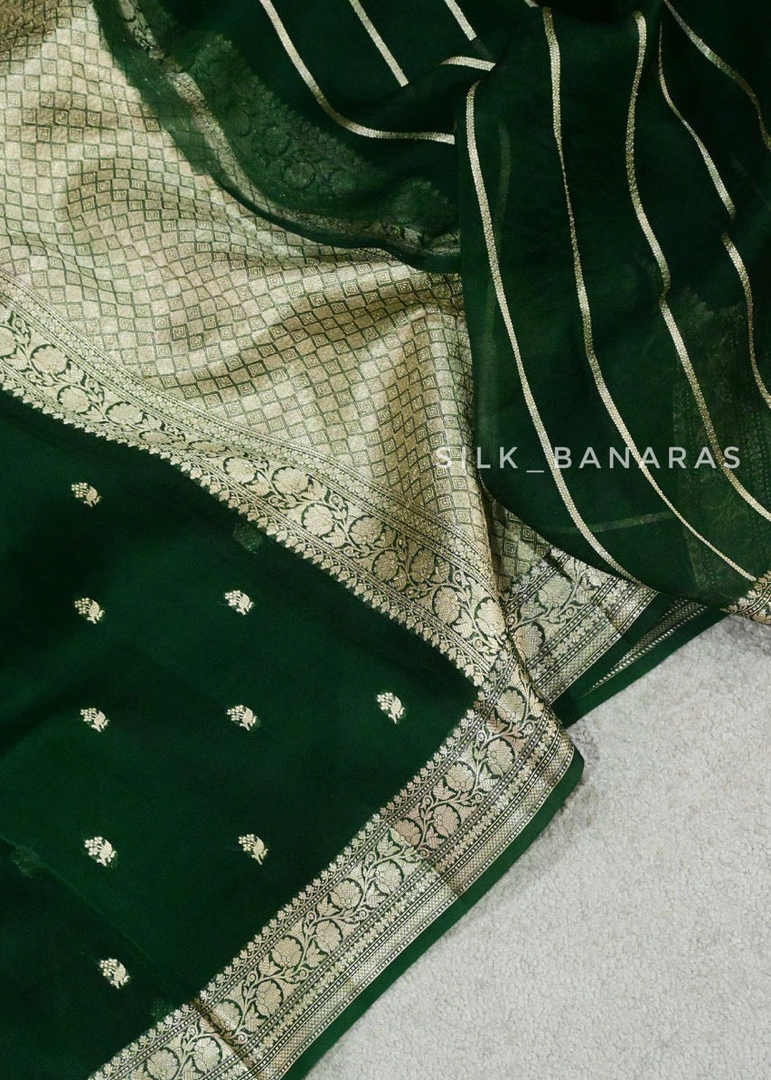 Handloom Pure Organza Silk in Bottle Green