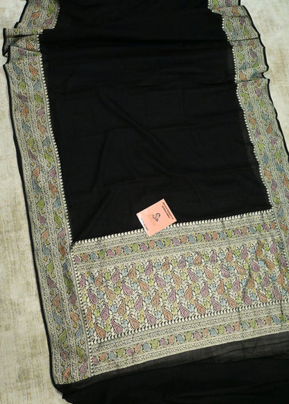 Black Georgette Plain Handbrush Saree