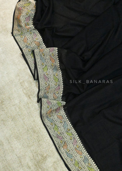 Black Georgette Plain Handbrush Saree