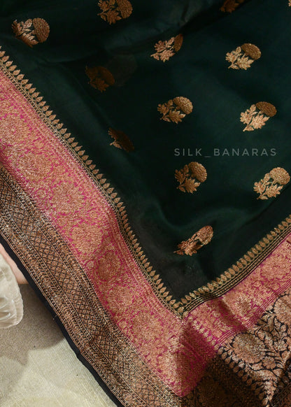 Handwoven Dark Green Banarasi Kora Silk Saree