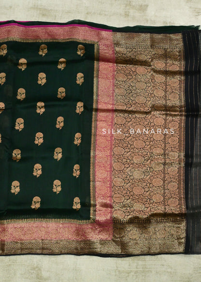 Handwoven Dark Green Banarasi Kora Silk Saree