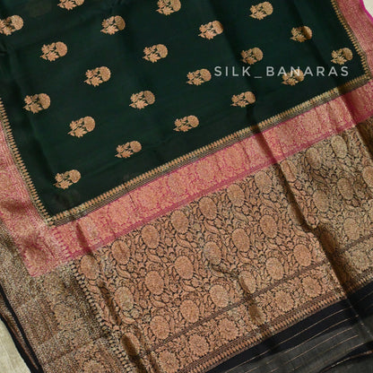 Handwoven Dark Green Banarasi Kora Silk Saree