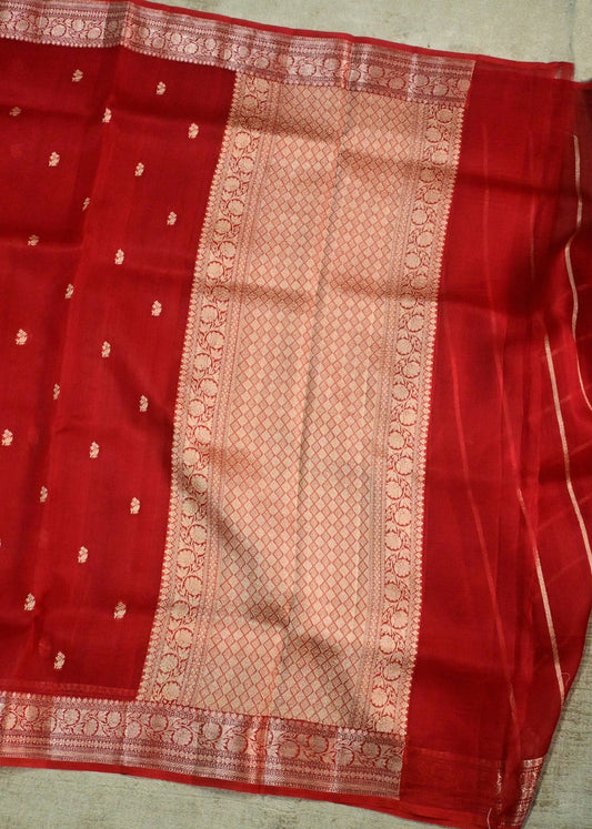 Red Organza Thin Border Saree