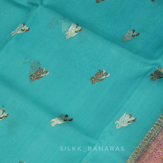 Handloom Pure Organaza Saree in Silver and Antique Buta