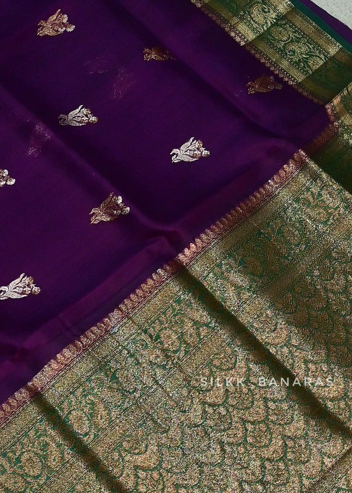 Handloom Pure Organza Silk Saree in Antique and Silver Buta
