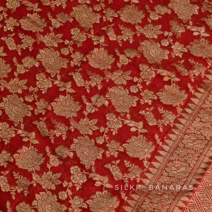 Red Floral Antique Zari Saree