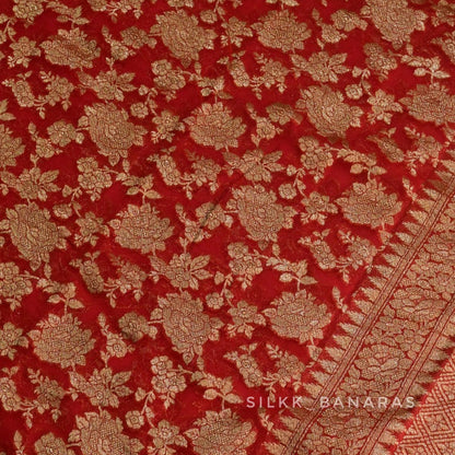 Red Floral Antique Zari Saree