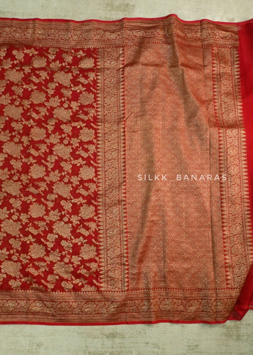 Red Floral Antique Zari Saree