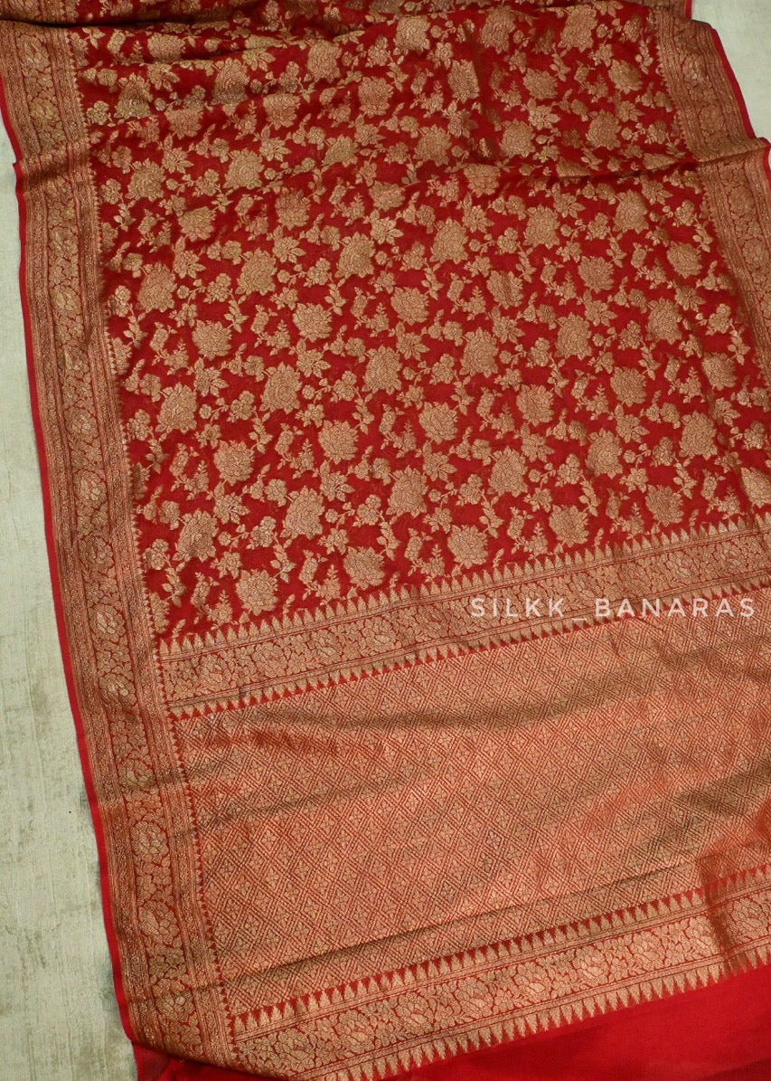Red Floral Antique Zari Saree
