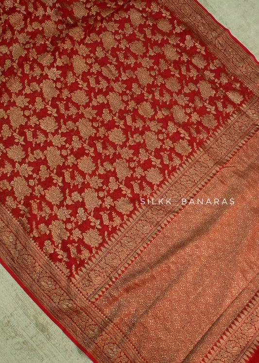 Red Floral Antique Zari Saree