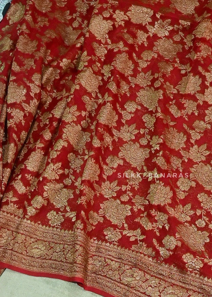 Red Floral Antique Zari Saree
