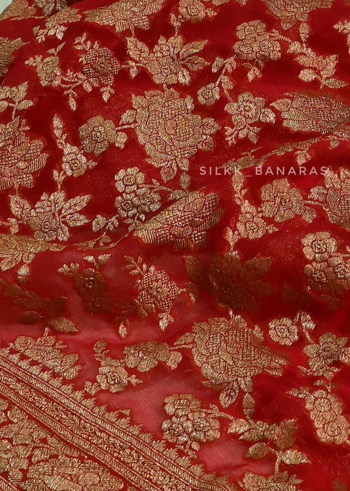 Red Floral Antique Zari Saree