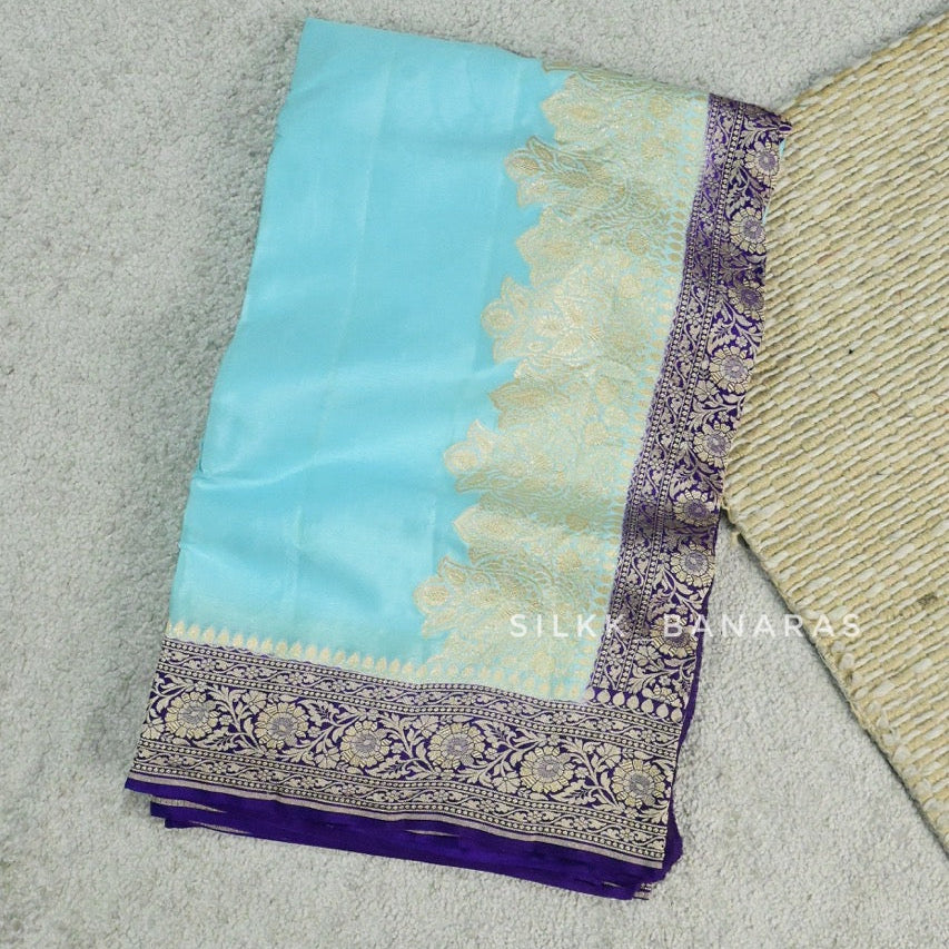 Handwoven Crepe Saree in Blue with Purple