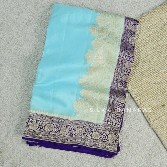 Handwoven Crepe Saree in Blue with Purple