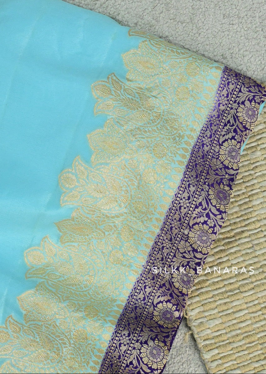 Handwoven Crepe Saree in Blue with Purple