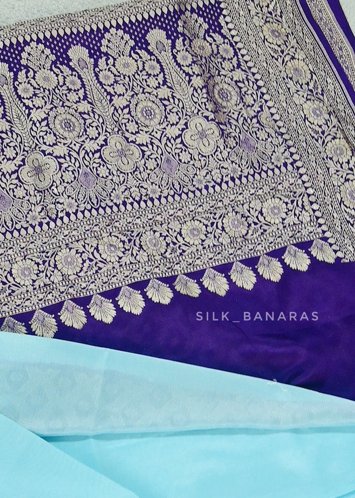 Handwoven Crepe Saree in Blue with Purple