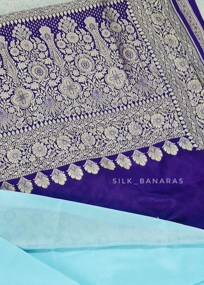 Handwoven Crepe Saree in Blue with Purple