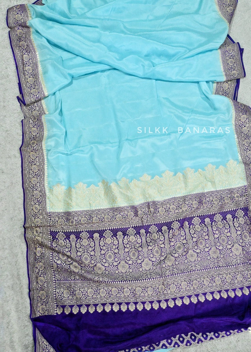 Handwoven Crepe Saree in Blue with Purple