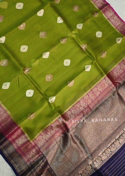 Handloom pure kora organza in Green triple shade saree