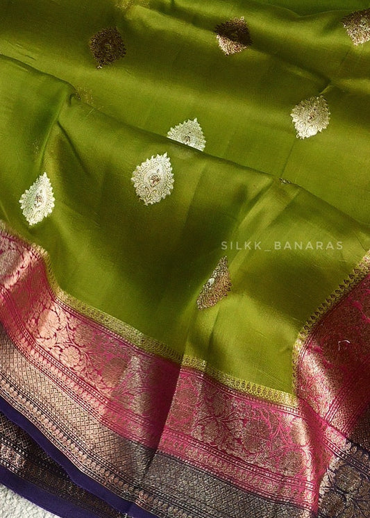 Handloom pure kora organza in Green triple shade saree