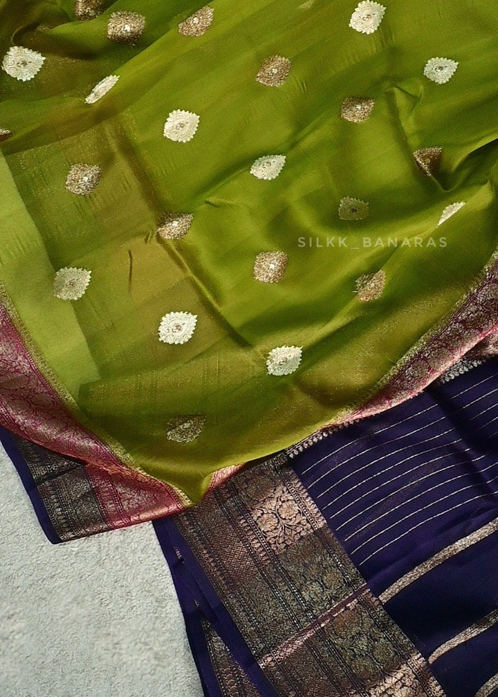 Handloom pure kora organza in Green triple shade saree