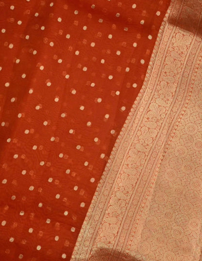 Rust Handloom Pure Kora Organza Banarasi Saree with Zari Buti